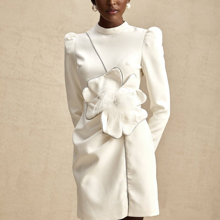 Inès White Mini Dress with Faux Flower Embellishment