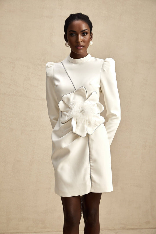 Inès White Mini Dress with Faux Flower Embellishment