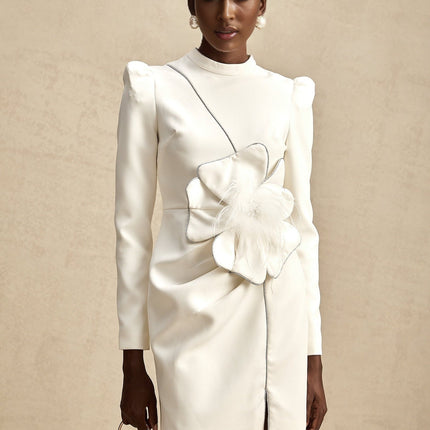 Inès White Mini Dress with Faux Flower Embellishment