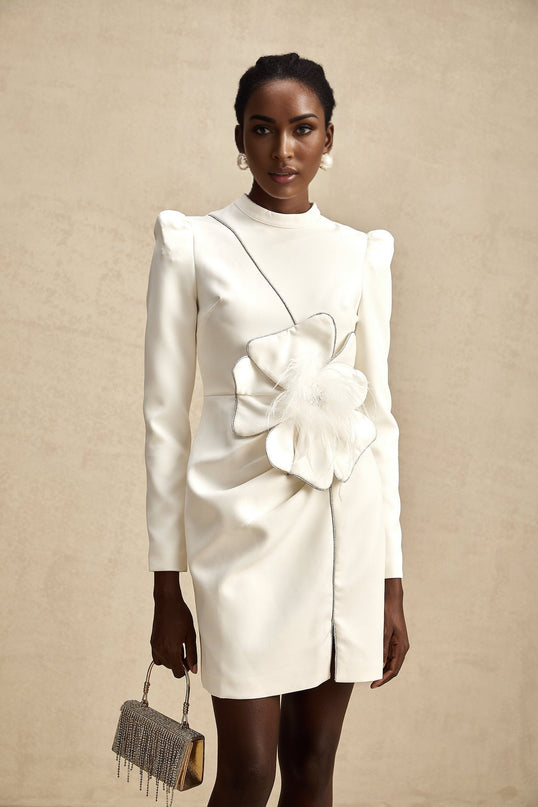 Inès White Mini Dress with Faux Flower Embellishment