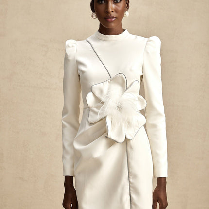 Inès White Mini Dress with Faux Flower Embellishment