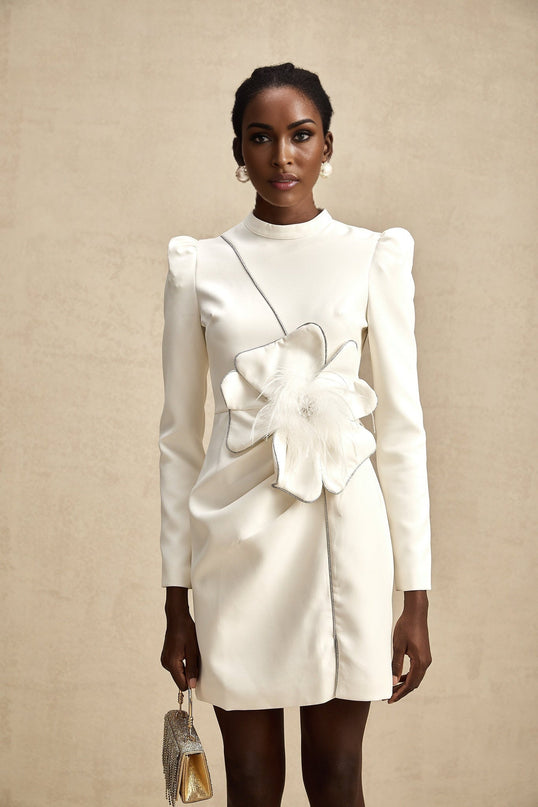 Inès White Mini Dress with Faux Flower Embellishment