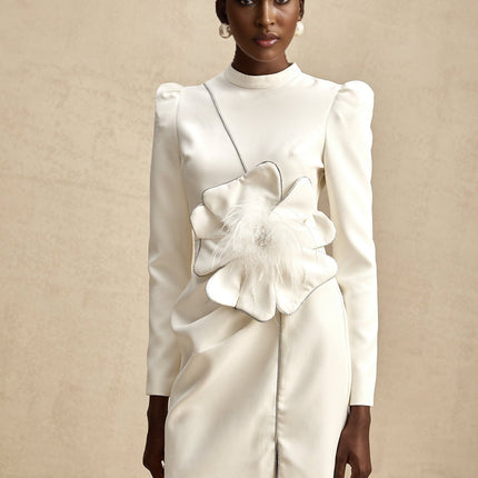 Inès White Mini Dress with Faux Flower Embellishment