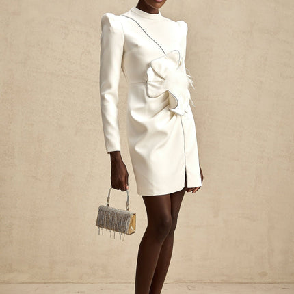Inès White Mini Dress with Faux Flower Embellishment and Puff Shoulders