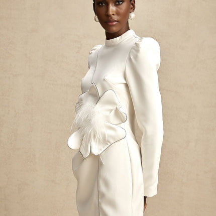 Inès White Mini Dress with Faux Flower Embellishment
