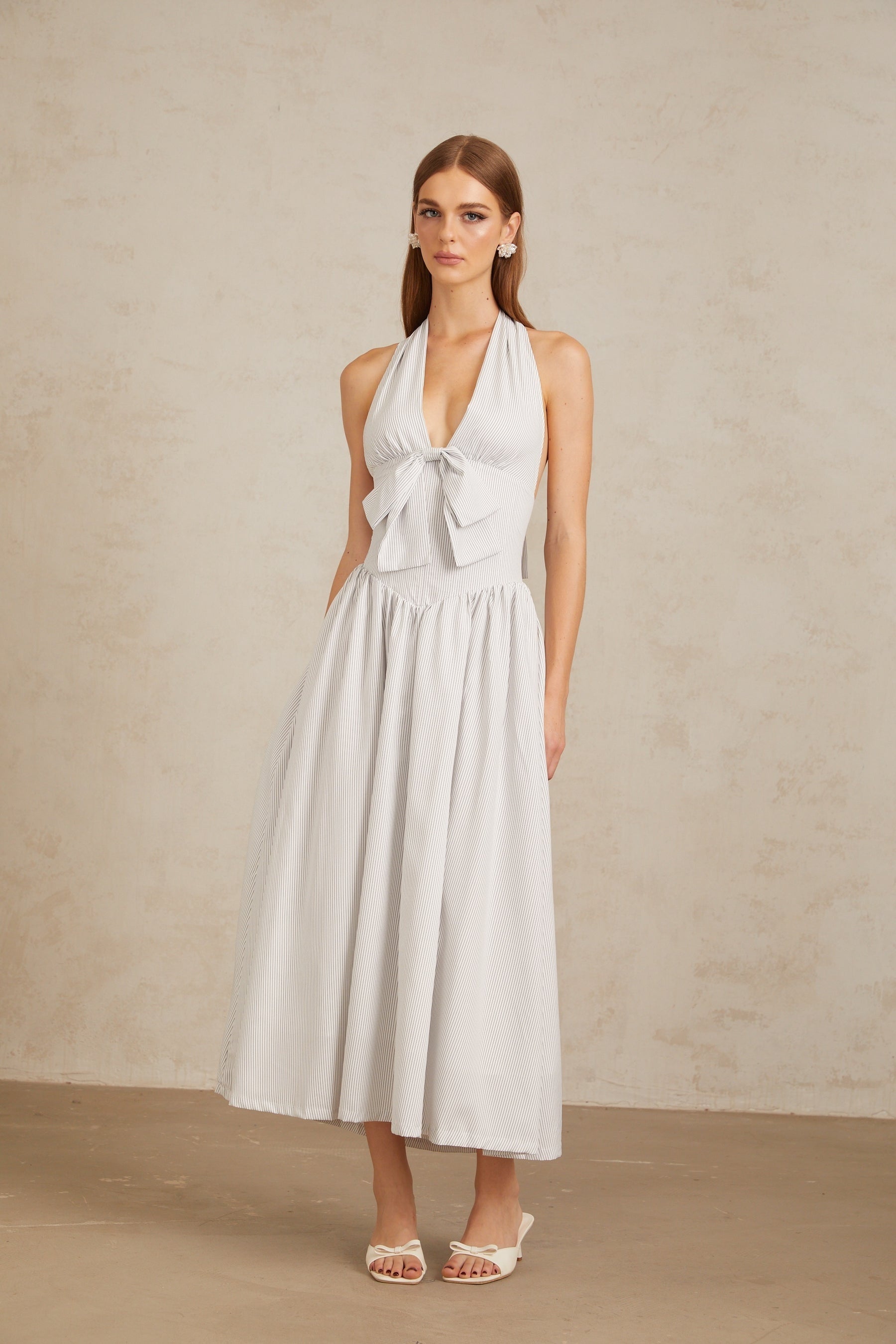 Inkeri White Stripe Pattern Halterneck Midi Dress