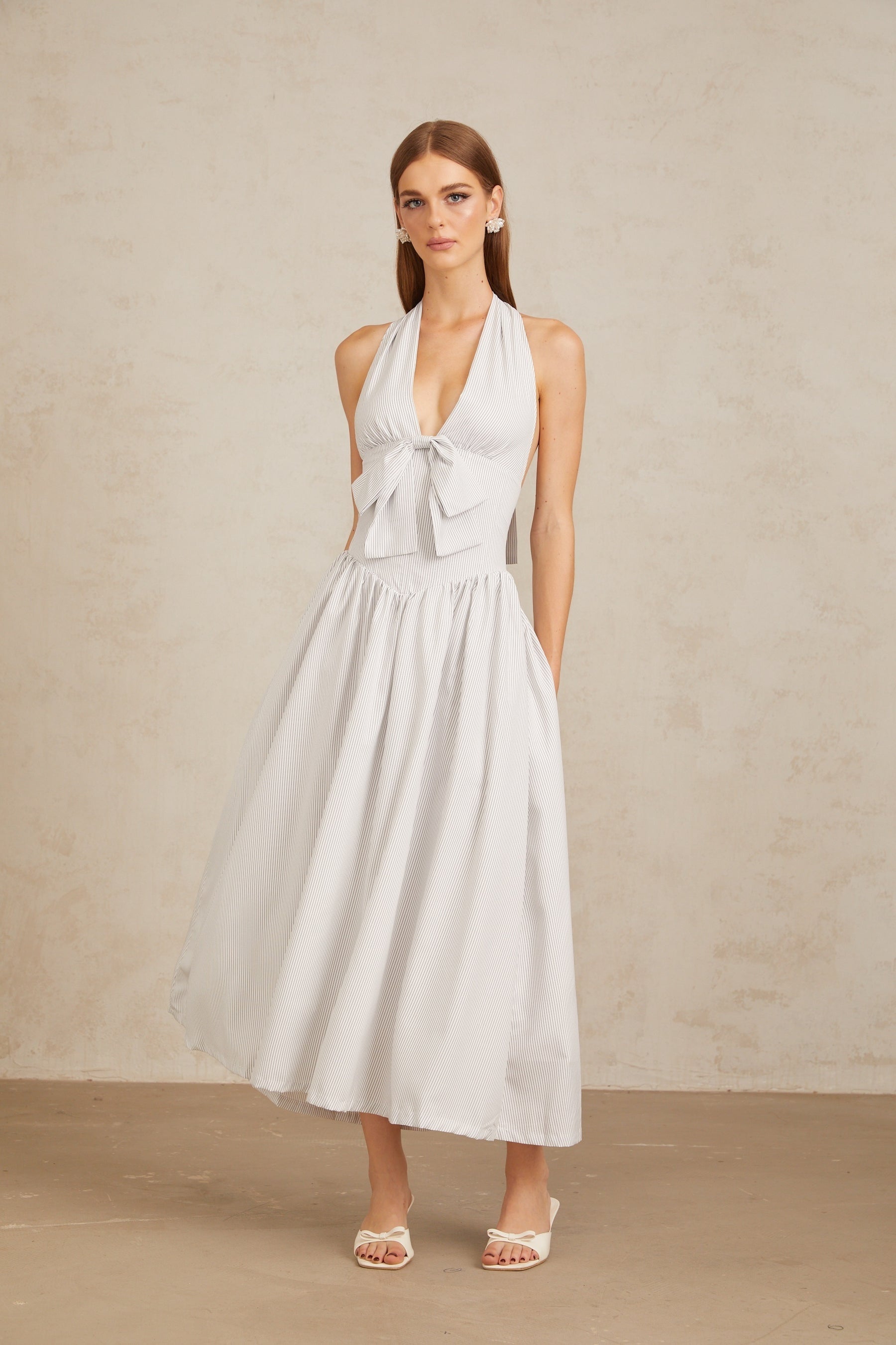Inkeri White Stripe Pattern Halterneck Midi Dress