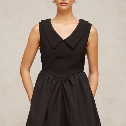 Iolanda Black V Neck Mini Dress Pleated Puff Skirt Thigh Length Rear Zip Fastening
