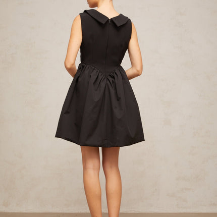 Iolanda Black Mini Dress V Neck Sleeveless Pleated Puff Skirt Thigh Length Rear Zip Fastening Terylene Spandex Blend Elegance Sophistication Fashion Connoisseur