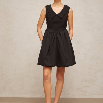 Iolanda Black Mini Dress V Neck Pleated Puff Skirt Thigh Length Rear Zip Fastening Terylene Spandex Blend