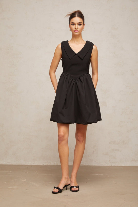 Iolanda Black Mini Dress V Neck Pleated Puff Skirt Thigh Length Rear Zip Fastening Terylene Spandex Blend