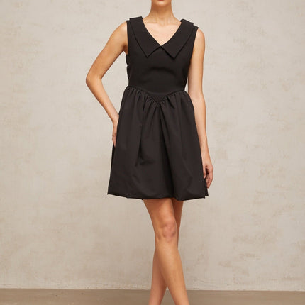 Iolanda Black V Neck Sleeveless Mini Dress Pleated Puff Skirt Thigh Length Rear Zip Fastening Terylene Spandex Blend