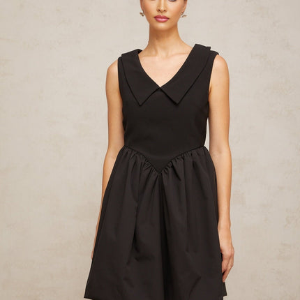 Iolanda Black Mini Dress V Neck Pleated Puff Skirt Thigh Length Rear Zip Fastening Terylene Spandex Blend