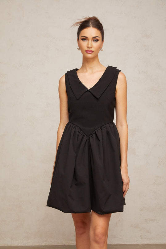 Iolanda Black Mini Dress V Neck Pleated Puff Skirt Thigh Length Rear Zip Fastening Terylene Spandex Blend