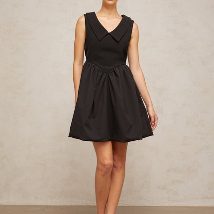 Iolanda Black Mini Dress V Neck Pleated Puff Skirt Thigh Length Rear Zip Fastening Terylene Spandex Blend Elegant Sophisticated Fashion