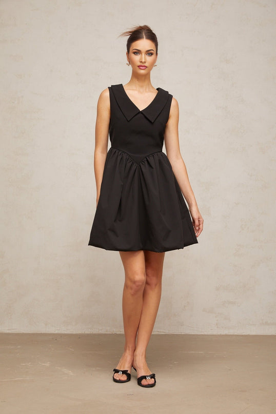 Iolanda Black Mini Dress V Neck Pleated Puff Skirt Thigh Length Rear Zip Fastening Terylene Spandex Blend Elegant Sophisticated Fashion