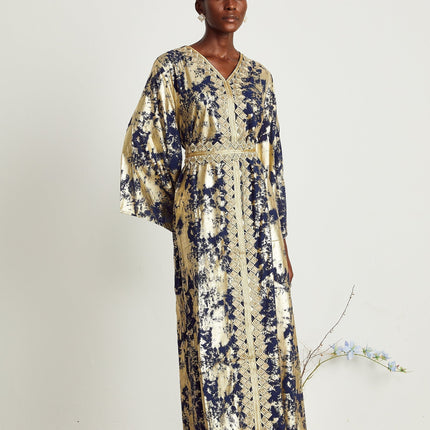 Iolanda Blue & Gold Maxi Dress in Guipure Lace with Gilded Accents and Braided Edges