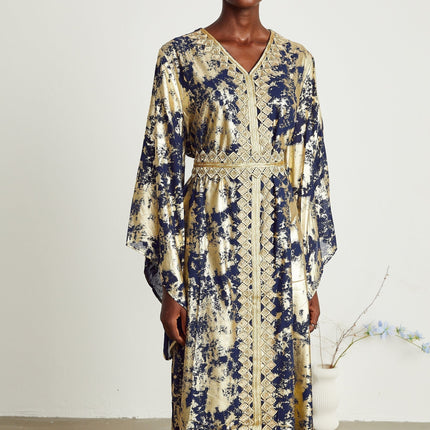 Iolanda Blue & Gold Maxi Dress in Guipure Lace and Silk