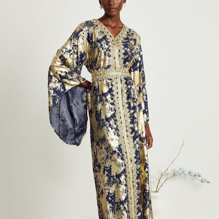 Iolanda Blue & Gold Maxi Dress in Polyamide Silk with Guipure Lace Detailing