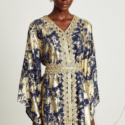 Iolanda Blue & Gold Maxi Dress with Guipure Lace Detailing and Silk Blend Fabric