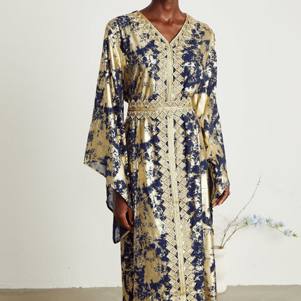 Iolanda Blue & Gold Maxi Dress in Polyamide and Silk with Guipure Lace Detailing and Gilded Accents