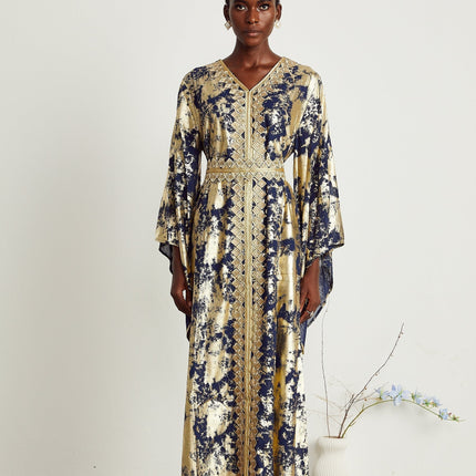 Iolanda Blue & Gold Maxi Dress with Guipure Lace Detailing and Gilded Accents