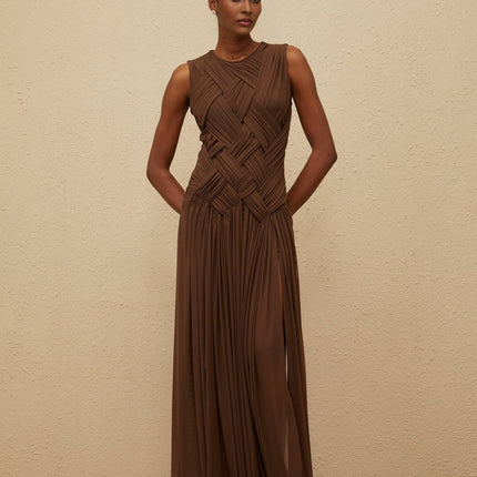 Iolanda Brown Midi Dress with Asymmetrical Slit and Braid Detailing in Tulle Fabric