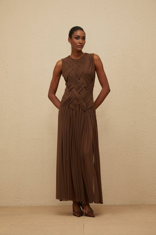 Iolanda Brown Midi Dress with Asymmetrical Slit and Braid Detailing in Tulle Fabric