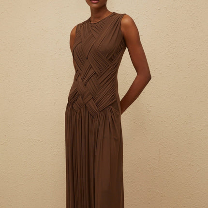 Iolanda Brown Midi Dress with Braid Detailing and Asymmetrical Slit in Tulle Fabric