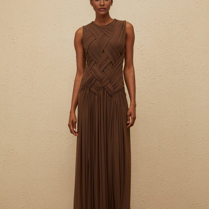 Iolanda Brown Midi Dress with Asymmetrical Slit and Braid Detailing
