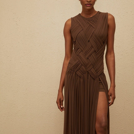 Iolanda Brown Midi Dress with Asymmetrical Slit and Braid Detailing
