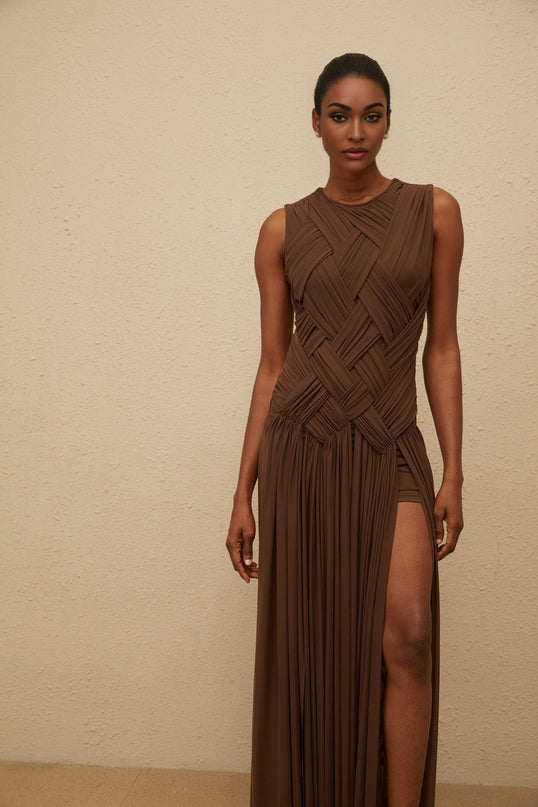 Iolanda Brown Midi Dress with Asymmetrical Slit and Braid Detailing