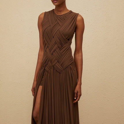 Iolanda Brown Midi Dress with Asymmetrical Slit and Braid Detailing