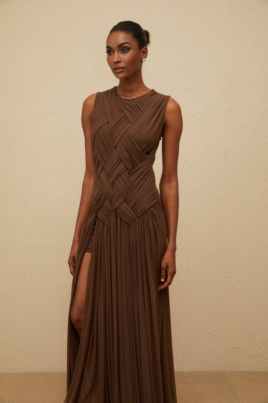 Iolanda Brown Midi Dress with Asymmetrical Slit and Braid Detailing