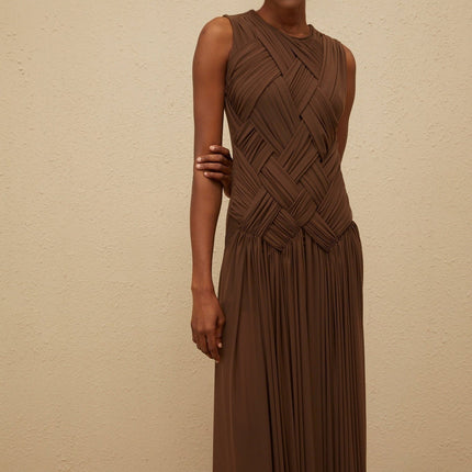 Iolanda Brown Midi Dress with Asymmetrical Slit and Braid Detailing