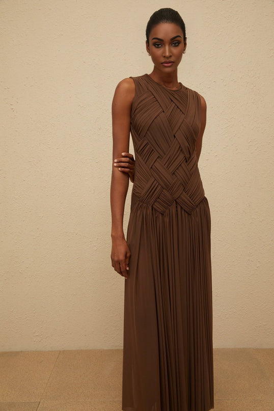 Iolanda Brown Midi Dress with Asymmetrical Slit and Braid Detailing