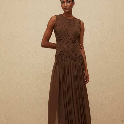 Iolanda Brown Midi Dress with Asymmetrical Slit and Braid Detailing