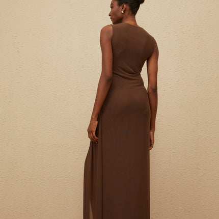 Iolanda Brown Tulle Midi Dress with Asymmetrical Slit and Braid Detailing