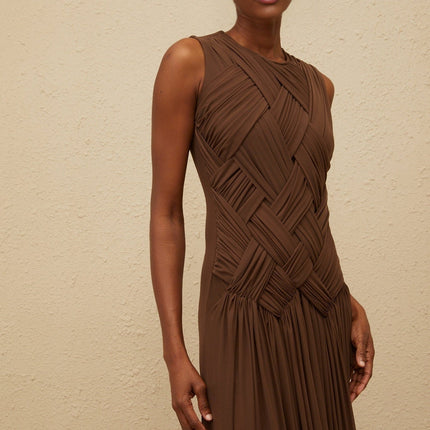 Iolanda Brown Tulle Midi Dress with Asymmetrical Slit and Braid Detailing