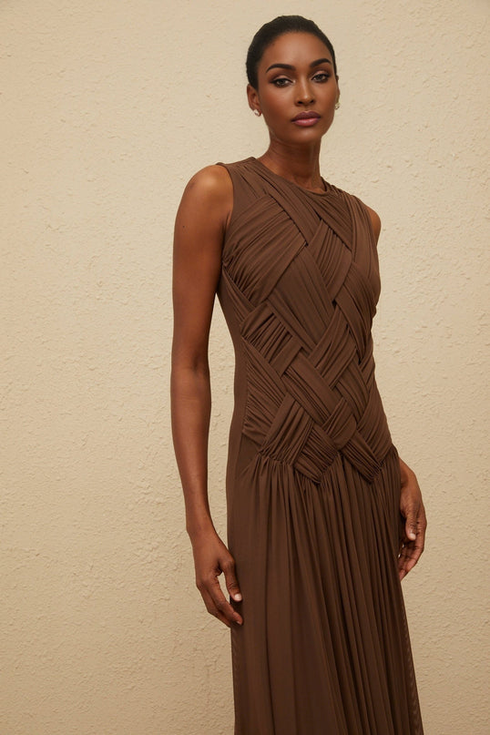Iolanda Brown Tulle Midi Dress with Asymmetrical Slit and Braid Detailing