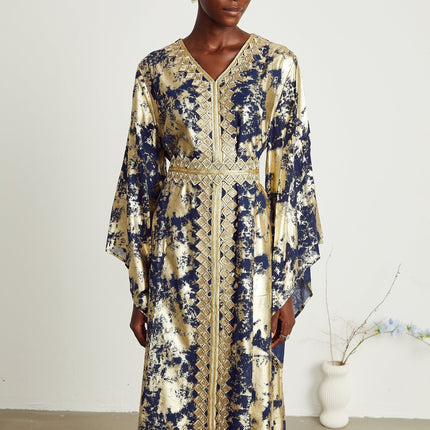 Iolanda Maxi Dress Blue & Gold Silk Polyamide Guipure Lace Long Sleeves Detachable Waist Tie Regal Presence Luxury Charm
