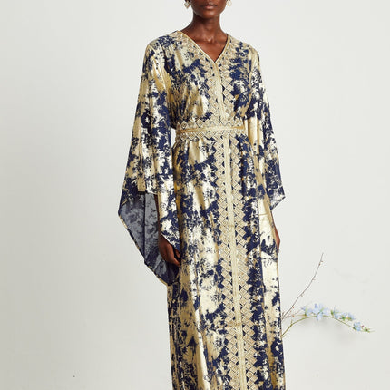 Iolanda Maxi Dress Blue & Gold Silk Polyamide Guipure Lace Floor-Length Sleeves Regal Presence