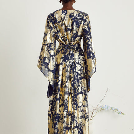 Iolanda Maxi Dress in Blue & Gold Silk Polyamide Guipure Lace Gilded Accents Braided Edges Long Wide Sleeves Detachable Waist Tie Straight Hem Regal Presence Luxury Charm