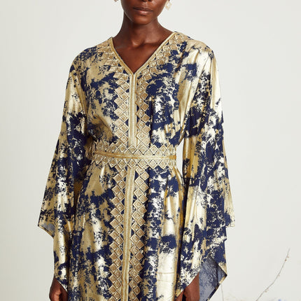 Iolanda Maxi Dress Blue & Gold Silk Polyamide Guipure Lace Gilded Accents Braided Edges Floor-Length Silhouette Wide Sleeves Detachable Waist Tie Straight Hem Regal Presence Luxury Charm