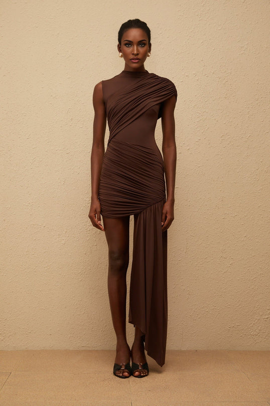 Iolanda Mini Dress in Rich Brown Asymmetrical Elegance Sleeveless One-Shoulder Fitted Ruched Ribbon Opulence Side Zip Mini Length Luxurious Comfort Special Occasions 95% Terylene 5% Elastane