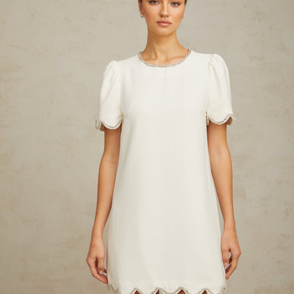 Ippolita White Mini Dress Crystal Scallop Hem Short Sleeves Round Neck Crystal Embellishment Rear Zip Fastening Thigh-Length 98% Terylene Fiber 2% Spandex