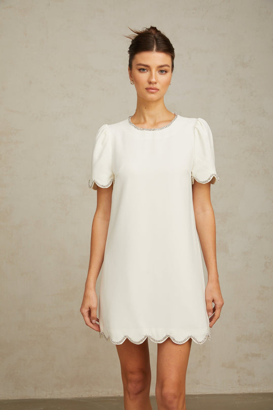 Ippolita White Mini Dress Crystal Scallop Hem Short Sleeves Round Neck Crystal Embellishment Rear Zip Fastening Thigh-Length 98% Terylene Fiber 2% Spandex