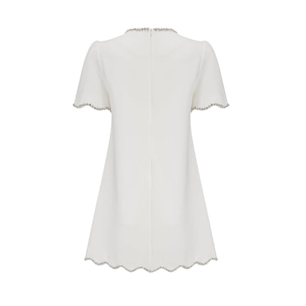 Ippolita White Mini Dress Crystal Scallop Hem Short Sleeves Round Neck Crystal Embellishment Rear Zip Fastening Thigh-Length 98% Terylene Fiber 2% Spandex