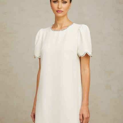 Ippolita White Mini Dress Crystal Scallop Hem Short Sleeves Round Neck Crystal Embellishment Rear Zip Fastening Thigh-Length 98% Terylene Fiber 2% Spandex