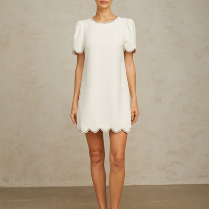 Ippolita White Mini Dress Crystal Scallop Hem Short Sleeves Round Neck Crystal Embellishment Rear Zip Fastening Terylene Fiber Spandex